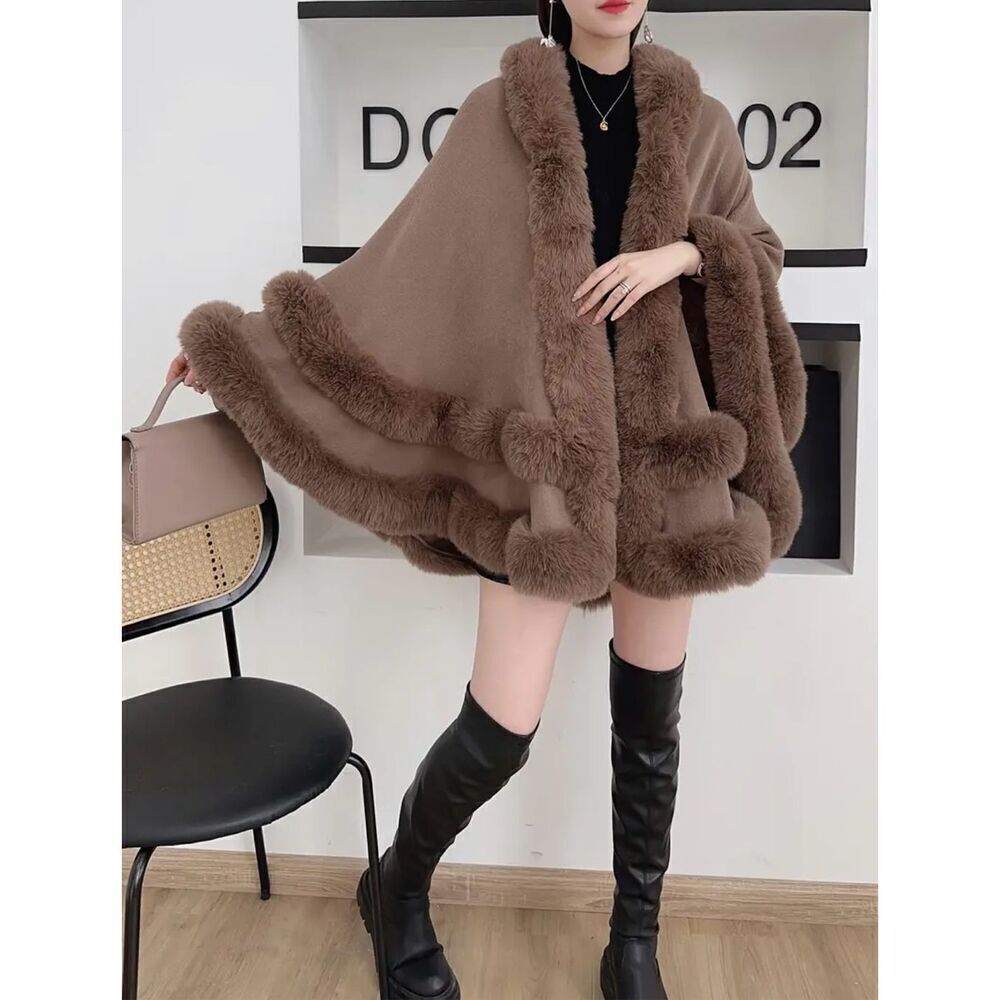 NWT Gorgeous OS Soft Knit Fur Trim Brown Open Hooded Hood Ruana Cape Poncho - Picture 7 of 13